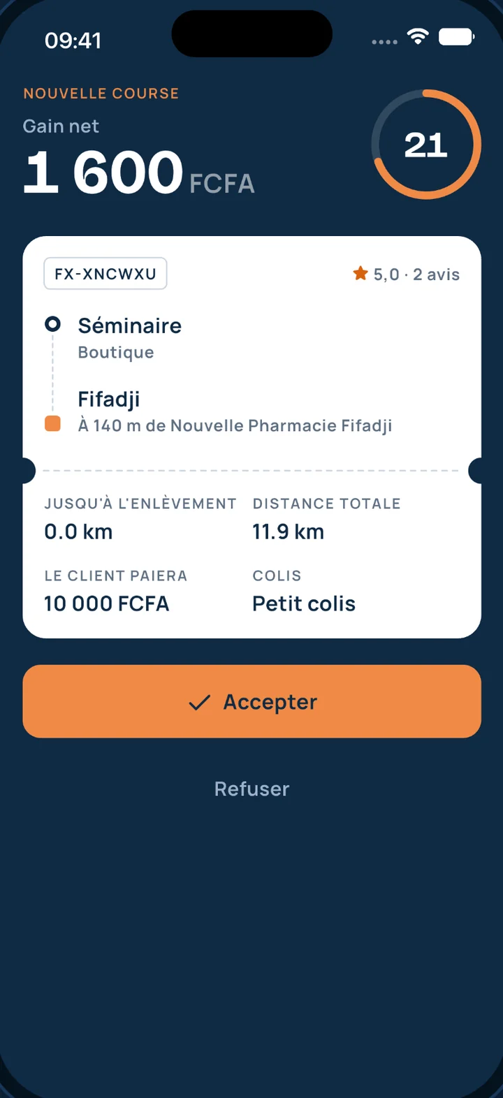 App Fofo Livreur : nouvelle course avec gain net, enlèvement, livraison et bouton Accepter