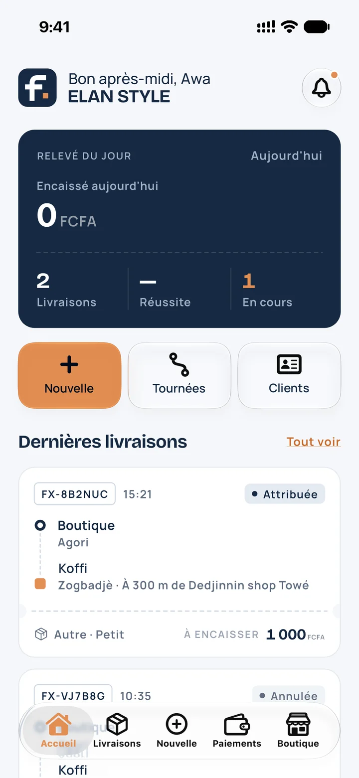 Fofo Express app home: today’s summary, shortcuts and latest deliveries